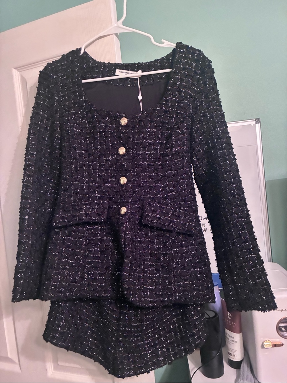 Amanda Uprichard Black Tweed Blazer with Gold Buttons